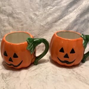 Halloween pumpkin jack o lantern pair of orange mugs + vine stem green handles